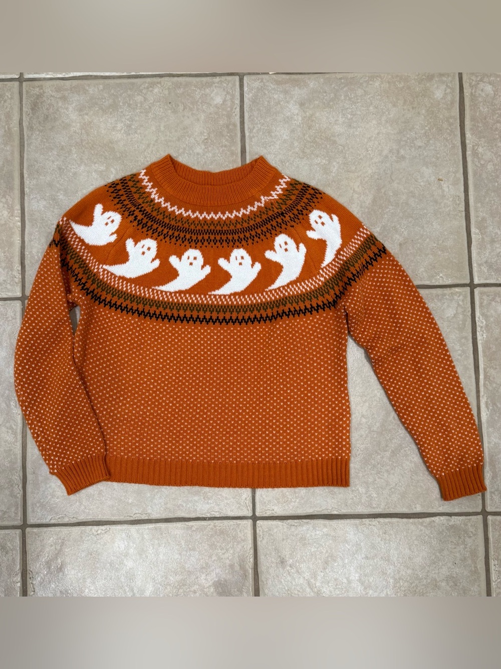 Orange Halloween Fall Ghost Fair Isle Sweater M
